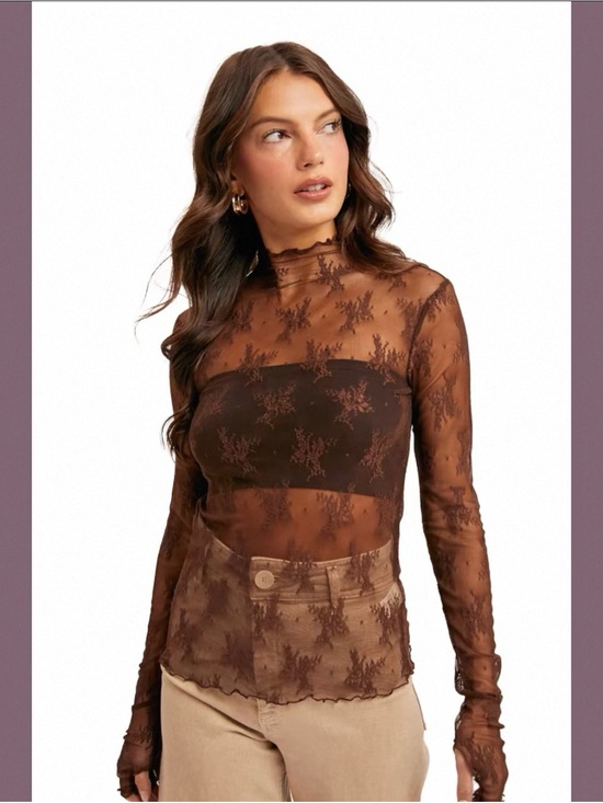 Hem & Thread Tops - Hem & Thread Brown Sheer Lace Mock Neck Long Sleeve Top Size S